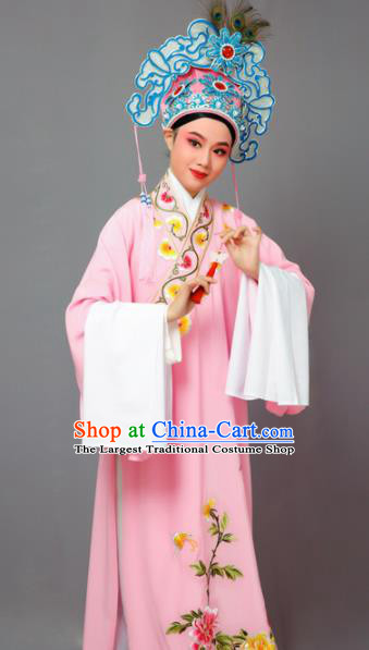 Chinese Traditional Peking Opera Niche Pink Robe Beijing Opera Scholar Embroidered Peony Costume for Men