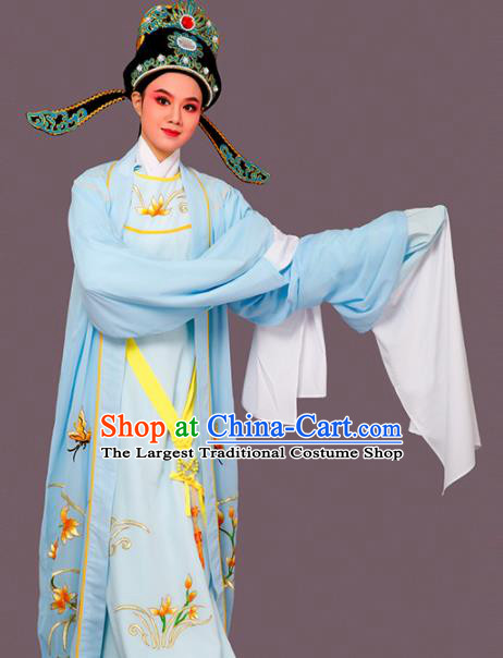 Chinese Traditional Peking Opera Embroidered Orchid Blue Robe Beijing Opera Niche Costume for Men
