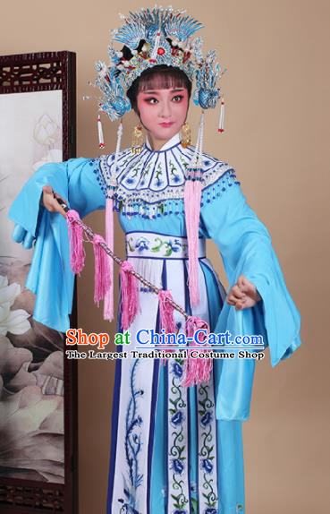 Chinese Traditional Shaoxing Opera Princess Blue Dress Beijing Opera Hua Dan Embroidered Costume for Women
