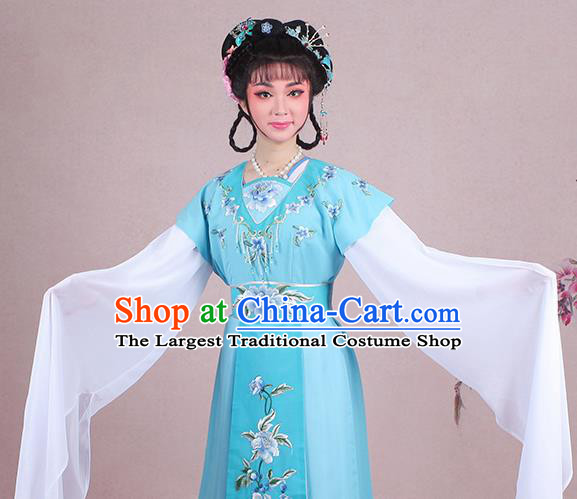 Chinese Traditional Shaoxing Opera Court Maid Embroidered Blue Dress Beijing Opera Maidservants Costume for Women