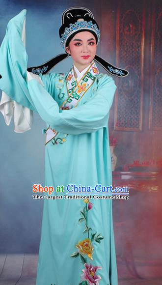 Chinese Traditional Peking Opera Niche Embroidered Peony Light Blue Robe Beijing Opera Scholar Costume for Men