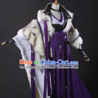 Chinese Traditional Cosplay Female Knight Embroidered Purple Dress Ancient Swordswoman Winter Costume for Women