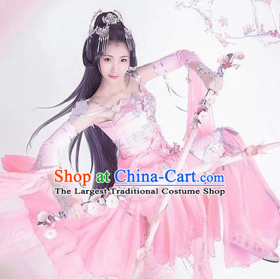 Chinese Traditional Cosplay Female Knight Pink Hanfu Dress Ancient Swordswoman Costume for Women