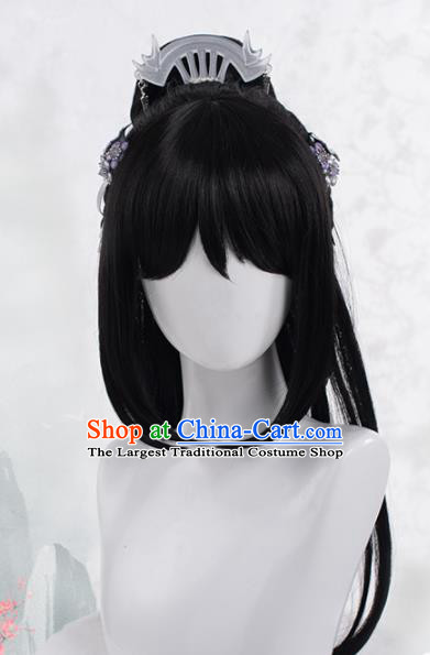 Chinese Traditional Cosplay Female Knight Wigs Ancient Peri Wig Sheath and Hairpins Hair Accessories for Women