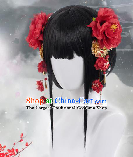 Chinese Traditional Cosplay Swordswoman Wigs Ancient Peri Wig Sheath and Hairpins Hair Accessories for Women