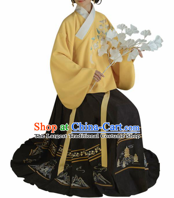 Chinese Traditional Ming Dynasty Yellow Blouse and Black Skirt Ancient Nobility Lady Costume for Women