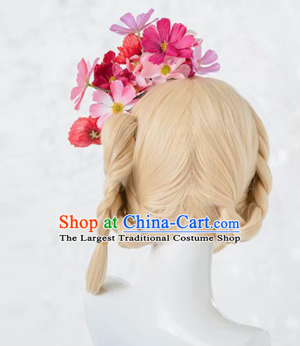 Japanese Traditional Cosplay Princess Wigs Ancient Kimono Wig Sheath and Pink Rose Hairpins Hair Accessories for Women