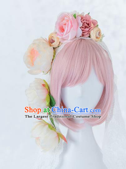 Japanese Traditional Cosplay Princess Wigs and Pink Peony Hair Clasp Ancient Kimono Wig Sheath Hair Accessories for Women