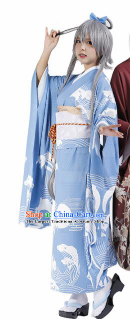 Traditional Halloween Cosplay Swordswoman Costume Japanese Kimono Blue Yukata Dress for Women