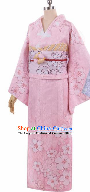 Traditional Halloween Cosplay Swordswoman Costume Japanese Kimono Pink Yukata Dress for Women