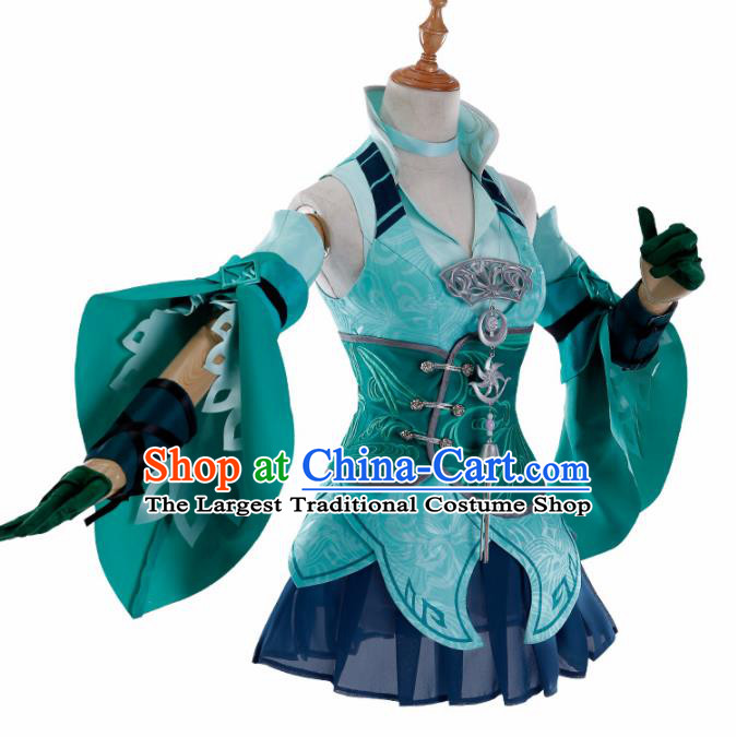 Traditional Halloween Cosplay Swordswoman Costume Chinese Ancient Heroine Green Hanfu Dress for Women