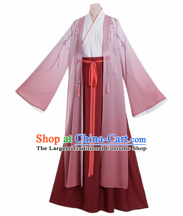 Chinese Traditional Cosplay Knight Nobility Childe Pink Costume Ancient Swordsman Hanfu Clothing for Men