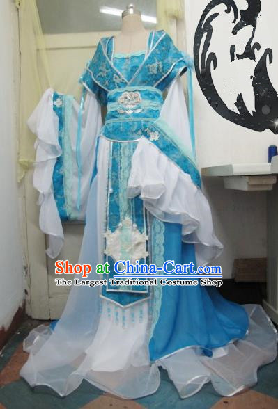 Chinese Traditional Tang Dynasty Court Queen Costume Ancient Peri Blue Hanfu Dress for Women