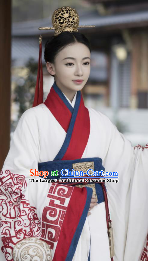 Chinese Ancient Warring States Period The Lengend of Haolan Court Lady Embroidered Historical Costume and Headpiece for Women