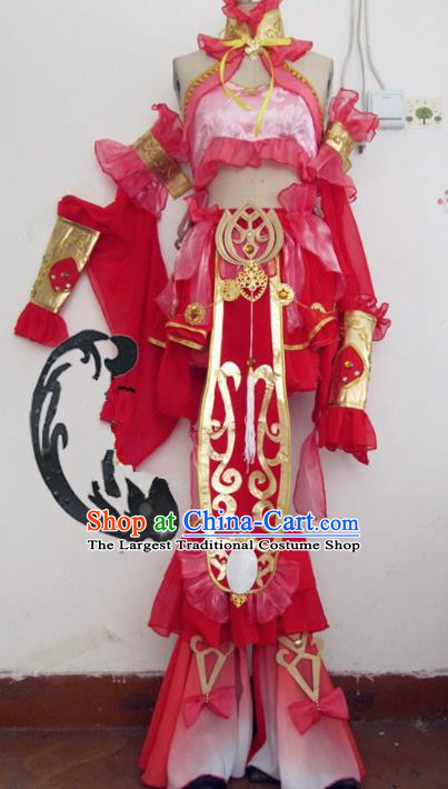 Chinese Traditional Cosplay Fairy Costume Ancient Peri Swordswoman Rosy Hanfu Dress for Women