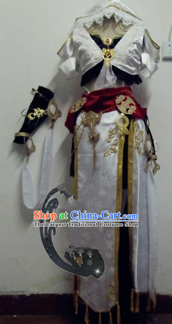 Chinese Traditional Cosplay Kung Fu Instructor Costume Ancient Peri Swordswoman White Hanfu Dress for Women