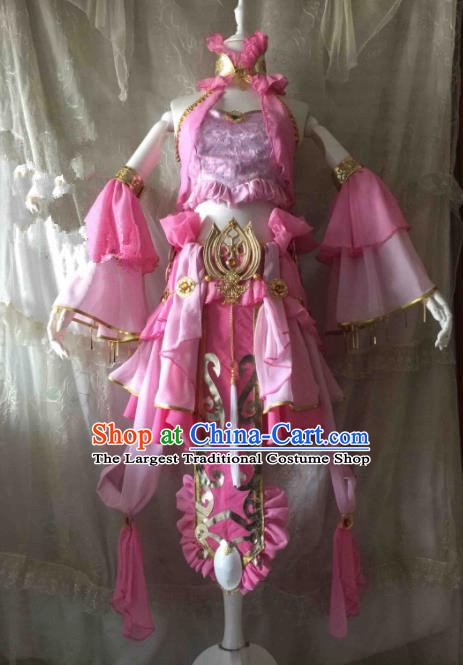 Chinese Traditional Cosplay Swordswoman Costume Ancient Peri Pink Hanfu Dress for Women