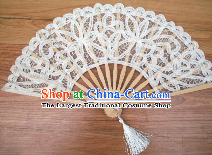 Chinese Traditional White Lace Fans Handmade Folding Fan