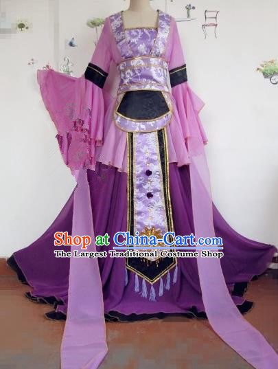 Chinese Traditional Cosplay Swordswoman Costume Ancient Peri Princess Purple Hanfu Dress for Women