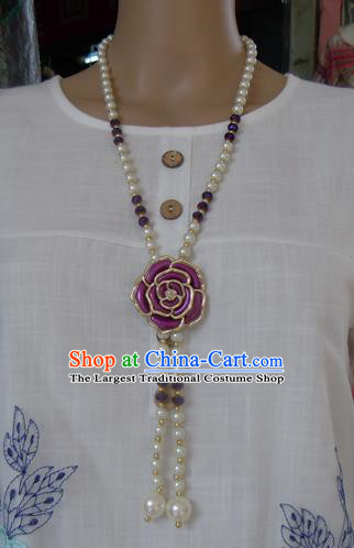 Chinese Traditional Ethnic Jewelry Accessories Purple Rose Tassel Necklace for Women