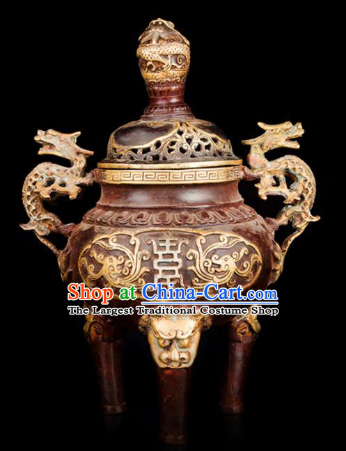 Chinese Traditional Taoism Bagua Carving Dragon Brass Incense Burner Feng Shui Items Censer Decoration