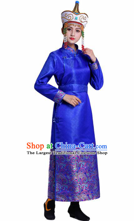 Chinese Traditional Mongolian Ethnic Costumes Mongol Nationality Royalblue Dress for Women