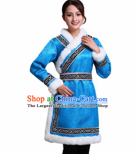Chinese Traditional Mongolian Ethnic Winter Costumes Mongol Nationality Blue Dress for Women