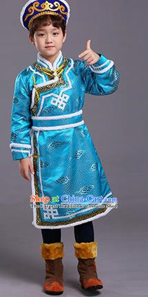 Chinese Traditional Ethnic Children Costumes Mongol Nationality Blue Brocade Robe for Kids