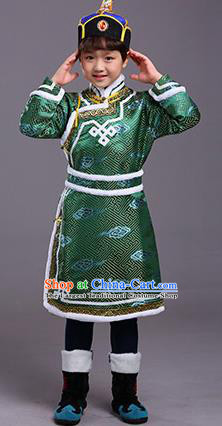 Chinese Traditional Ethnic Children Costumes Mongol Nationality Green Brocade Robe for Kids