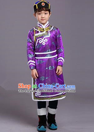 Chinese Traditional Ethnic Children Costumes Mongol Nationality Purple Brocade Robe for Kids