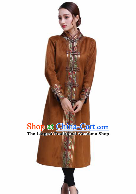Chinese Traditional Mongolian Outwear Ethnic Costumes Mongol Nationality Brown Dust Coat for Women