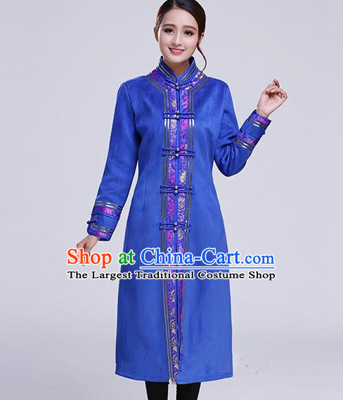 Chinese Traditional Mongolian Outwear Ethnic Costumes Mongol Nationality Royalblue Dust Coat for Women