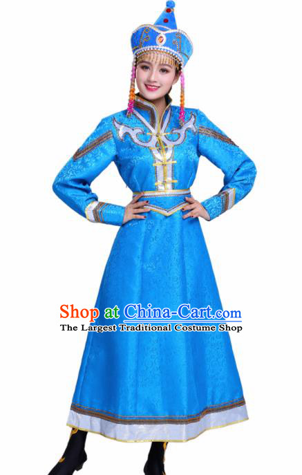 Chinese Traditional Mongolian Ethnic Blue Dress Mongol Nationality Folk Dance Costumes for Women
