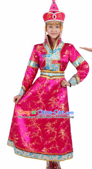 Chinese Traditional Mongolian Ethnic Rosy Brocade Dress Mongol Nationality Folk Dance Costumes for Women