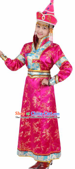 Chinese Traditional Mongolian Ethnic Rosy Brocade Dress Mongol Nationality Folk Dance Costumes for Women