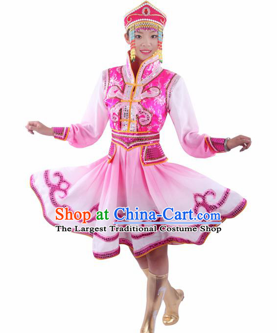 Chinese Traditional Mongolian Folk Dance Pink Dress Mongol Nationality Ethnic Costume for Women