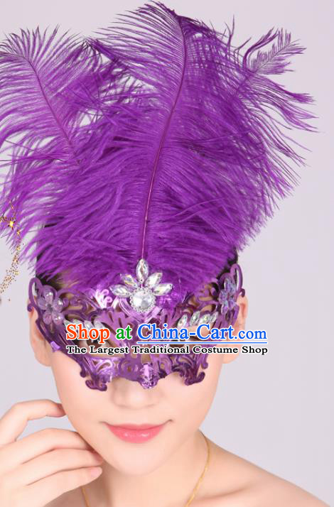 Halloween Cosplay Accessories Purple Feather Mask Latin Dance Headwear for Women
