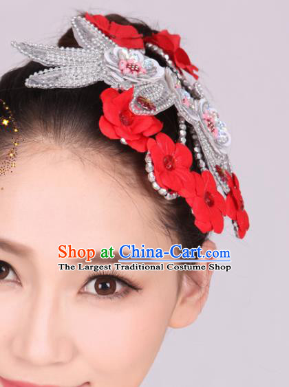 Chinese Traditional Yangko Dance Red Flowers Hair Stick National Folk Dance Hair Accessories for Women