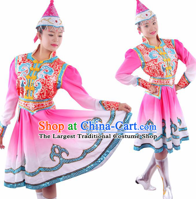 Chinese Traditional Mongolian Folk Dance Pink Short Dress Mongol Nationality Ethnic Costume for Women