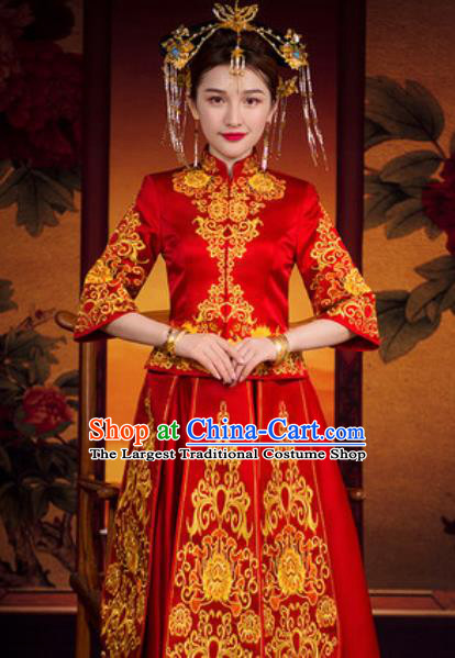 Traditional Chinese Wedding Dress Ancient Bride Embroidered Red Xiu He Costume for Women