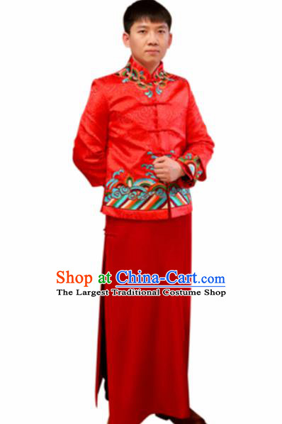 Chinese Traditional Wedding Costume Ancient Bridegroom Embroidered Red Tang Suit Robe for Men