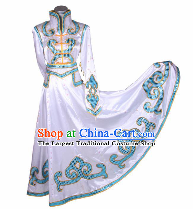 Chinese Traditional Mongolian Folk Dance White Dress Mongol Nationality Ethnic Costume for Women
