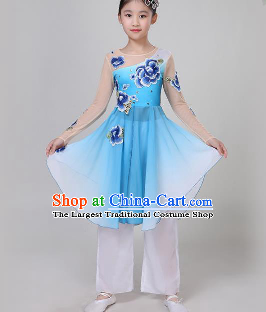 Chinese Traditional Folk Dance Costume Classical Dance Group Dance Blue Dress for Kids