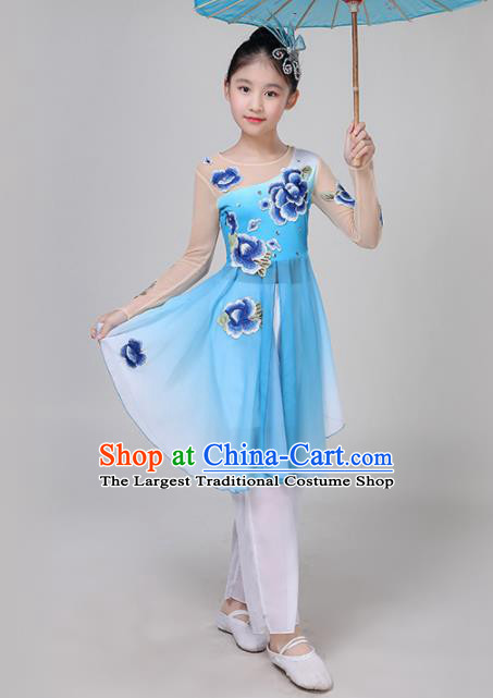 Chinese Traditional Folk Dance Costume Classical Dance Group Dance Blue Dress for Kids