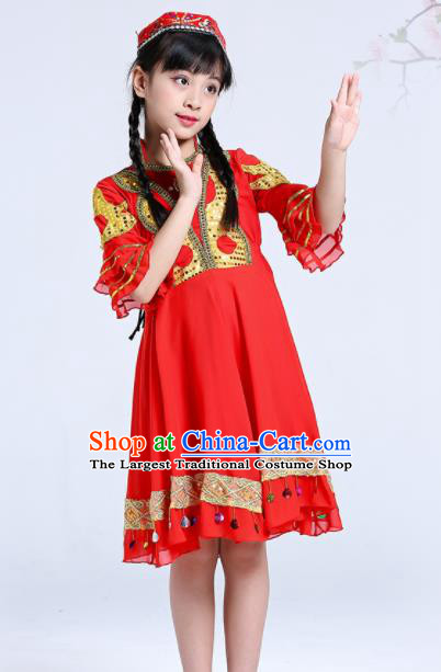 Chinese Traditional Ethnic Folk Dance Costume Classical Dance Group Dance Red Dress for Kids