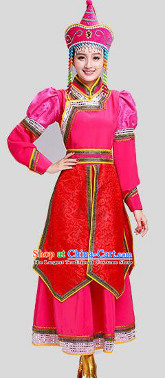 Chinese Traditional Mongolian Princess Folk Dance Rosy Dress Mongol Nationality Ethnic Costume for Women