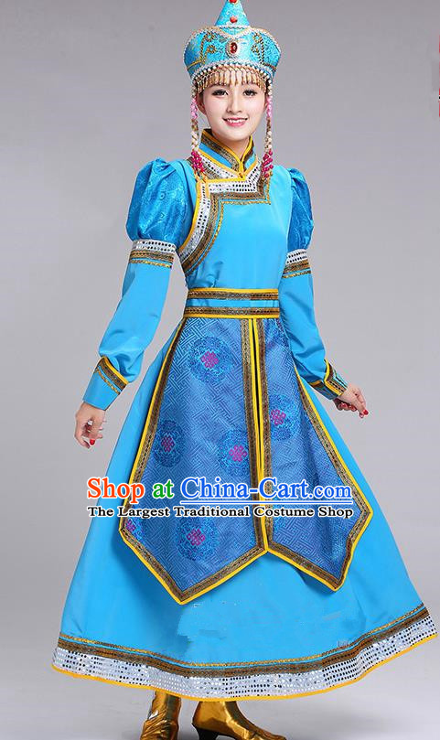 Chinese Traditional Mongolian Princess Folk Dance Blue Dress Mongol Nationality Ethnic Costume for Women