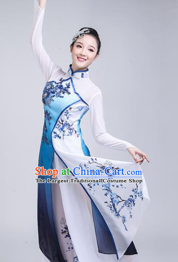 Chinese Traditional Umbrella Dance Blue Costume Classical Dance Group Dance Dress for Women