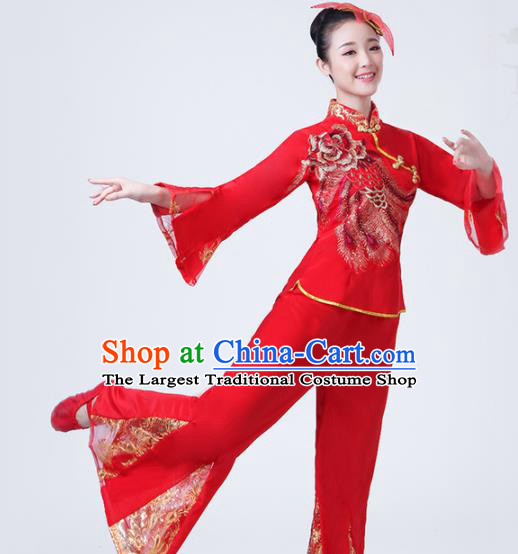 Chinese Traditional Stage Performance Fan Dance Red Costume Folk Dance Yangko Dance Dress for Women