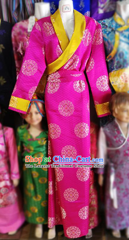 Chinese Traditional Tibetan Folk Dance Rosy Dress Zang Nationality Ethnic Costume for Women